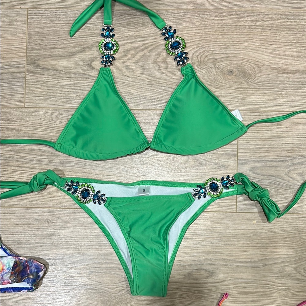Green Embellished Bikini Set